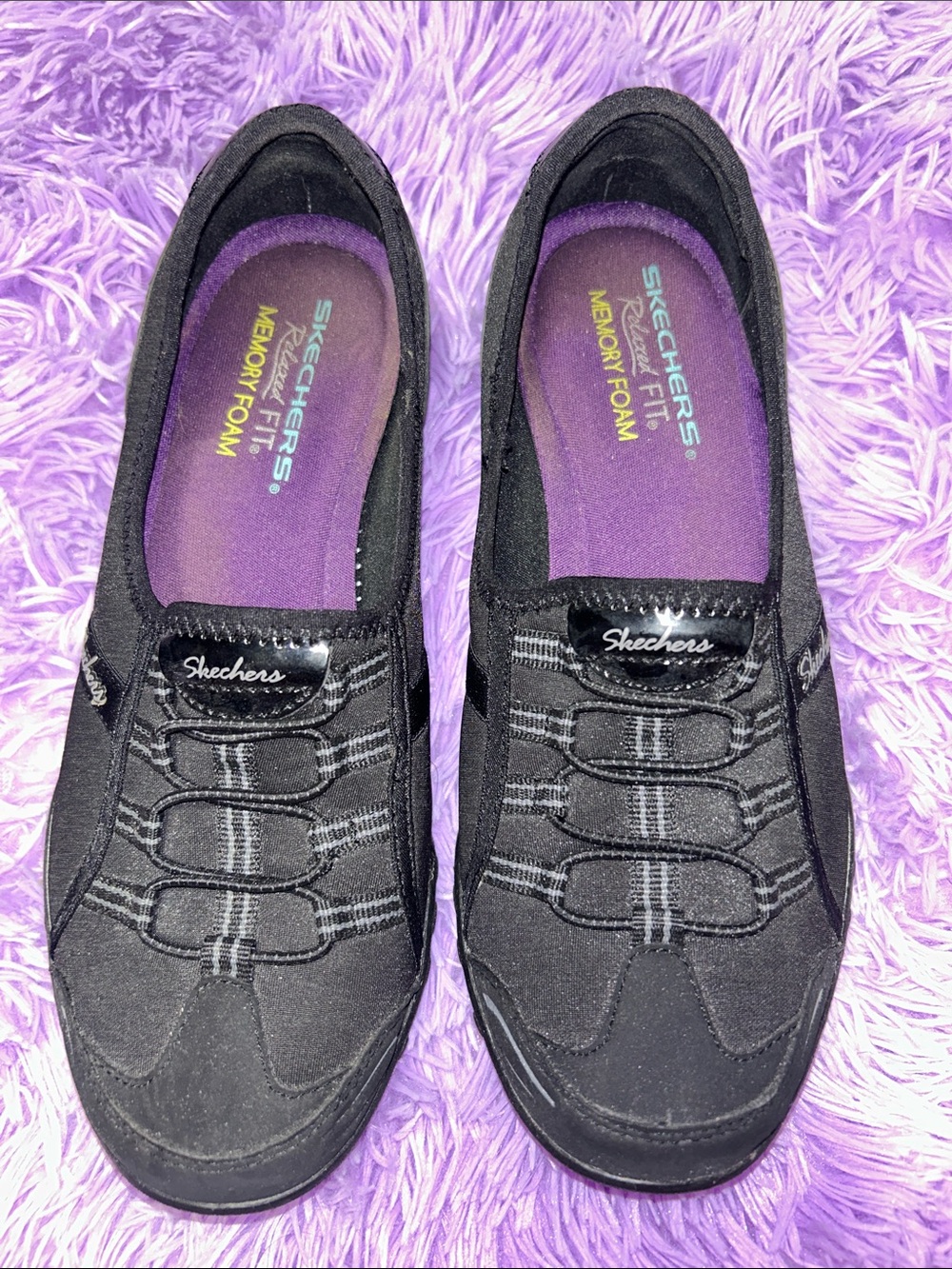 Skechers Black Slip-On Memory Foam Flats with Purple Insole